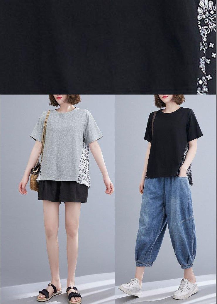 Plus Size Black Patchwork Print O-Neck Cotton Tops Summer - bagstylebliss
