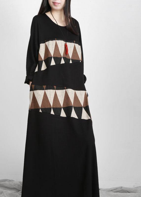 Plus Size Black Patchwork Print Pockets Asymmetrical Design Maxi Dress Fall - bagstylebliss