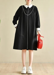 Plus Size Black Peter Pan Collar  Button Spring Long Dresses - bagstylebliss