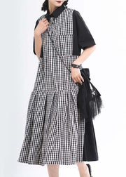 Plus Size Black Peter Pan Collar Plaid Summer Cotton Dress - bagstylebliss