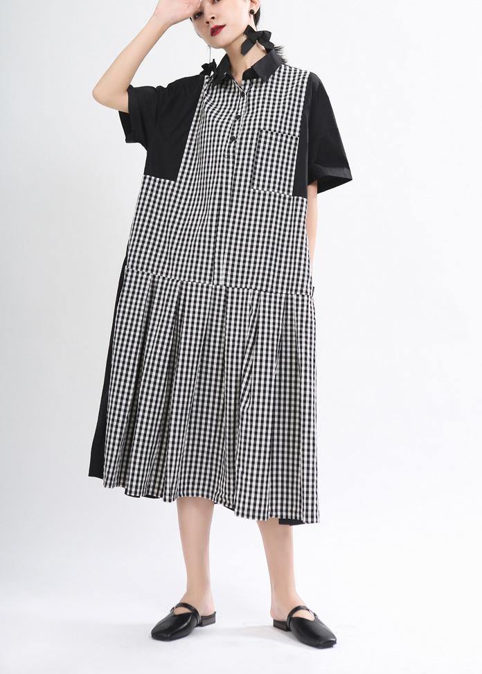 Plus Size Black Peter Pan Collar Plaid Summer Cotton Dress - bagstylebliss