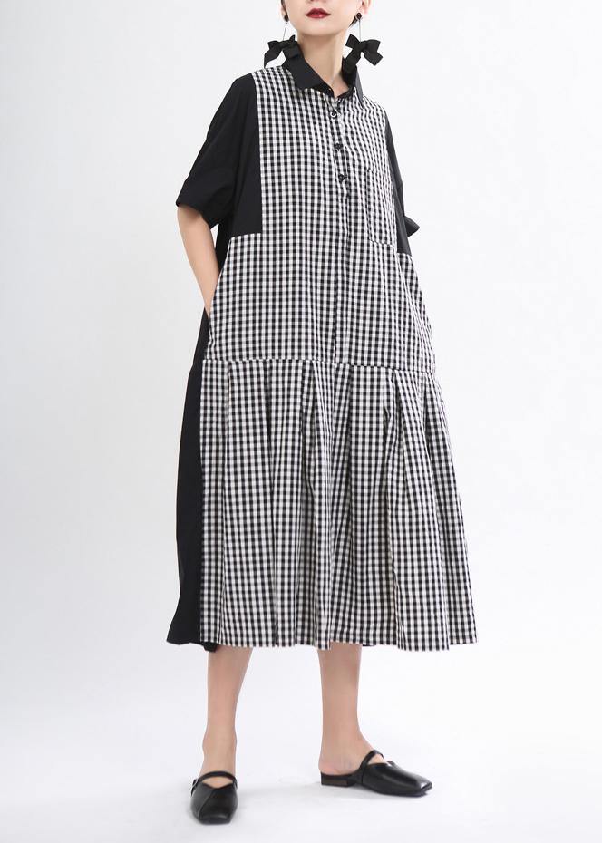 Plus Size Black Peter Pan Collar Plaid Summer Cotton Dress - bagstylebliss