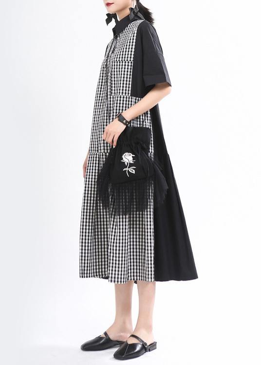 Plus Size Black Peter Pan Collar Plaid Summer Cotton Dress - bagstylebliss