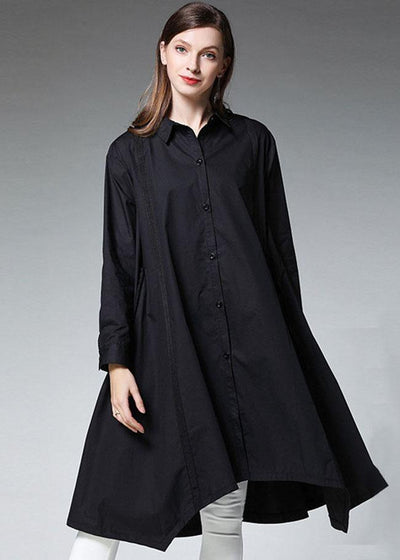 Plus Size Black Pockets Asymmetrical Design Fall Cotton Long Shirts Long sleeve - bagstylebliss