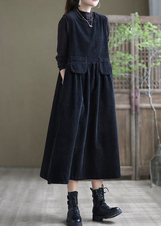 Plus Size Black Pockets Corduroy Robe Dresses Sleeveless