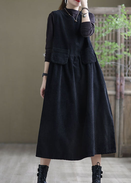 Plus Size Black Pockets Corduroy Robe Dresses Sleeveless