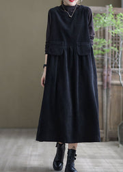 Plus Size Black Pockets Corduroy Robe Dresses Sleeveless