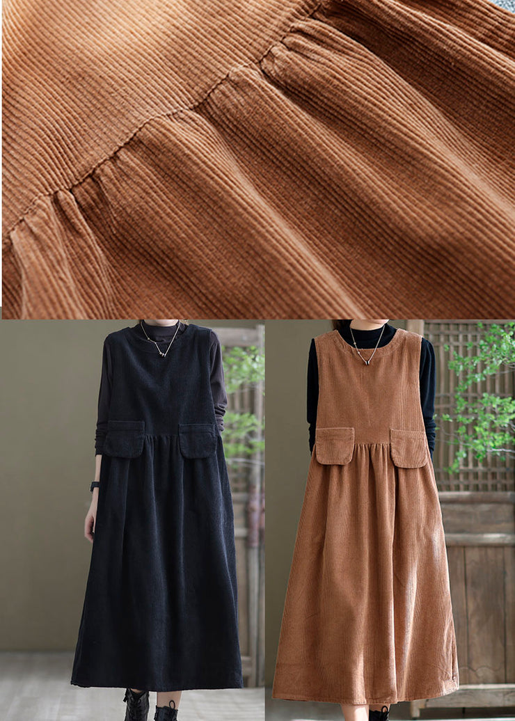 Plus Size Black Pockets Corduroy Robe Dresses Sleeveless