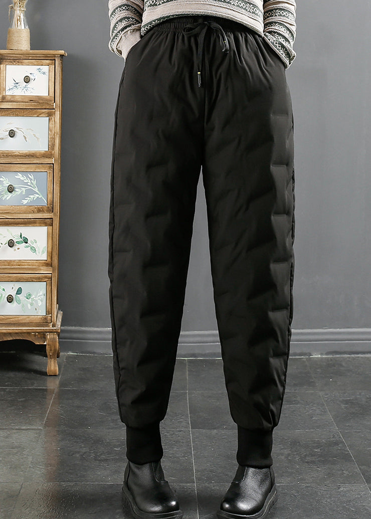 Plus Size Black Pockets Elastic Waist Duck Down Beam Pants Winter