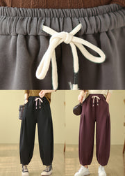 Plus Size Black Pockets Elastic Waist Warm Fleece Pants Winter