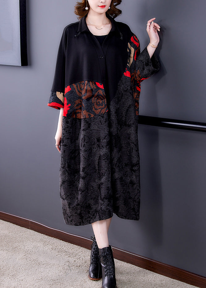 Plus Size Black Print Button Patchwork Cotton Long Coats Fall