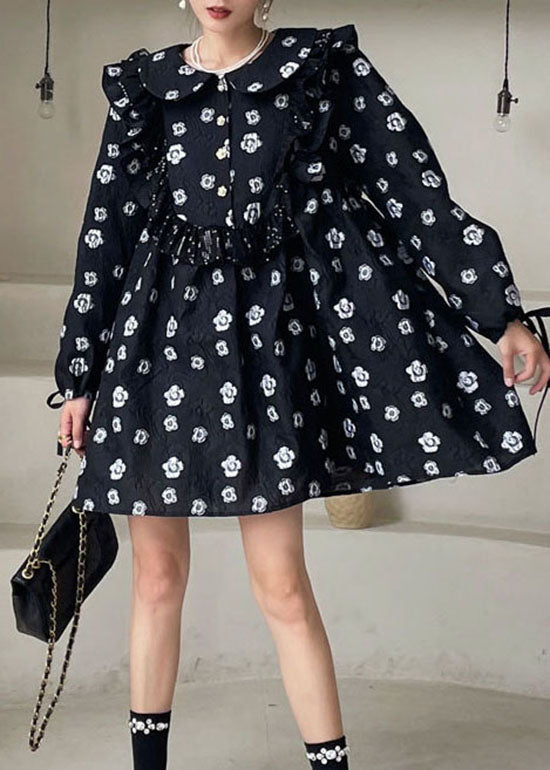 Plus Size Black Print Floral Ruffled Mini Dress Spring