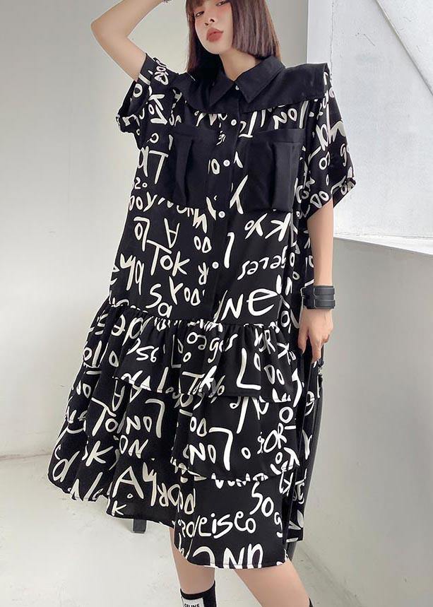 Plus Size Black Print Patchwork Peter Pan Collar Robe Dresses Summer - bagstylebliss