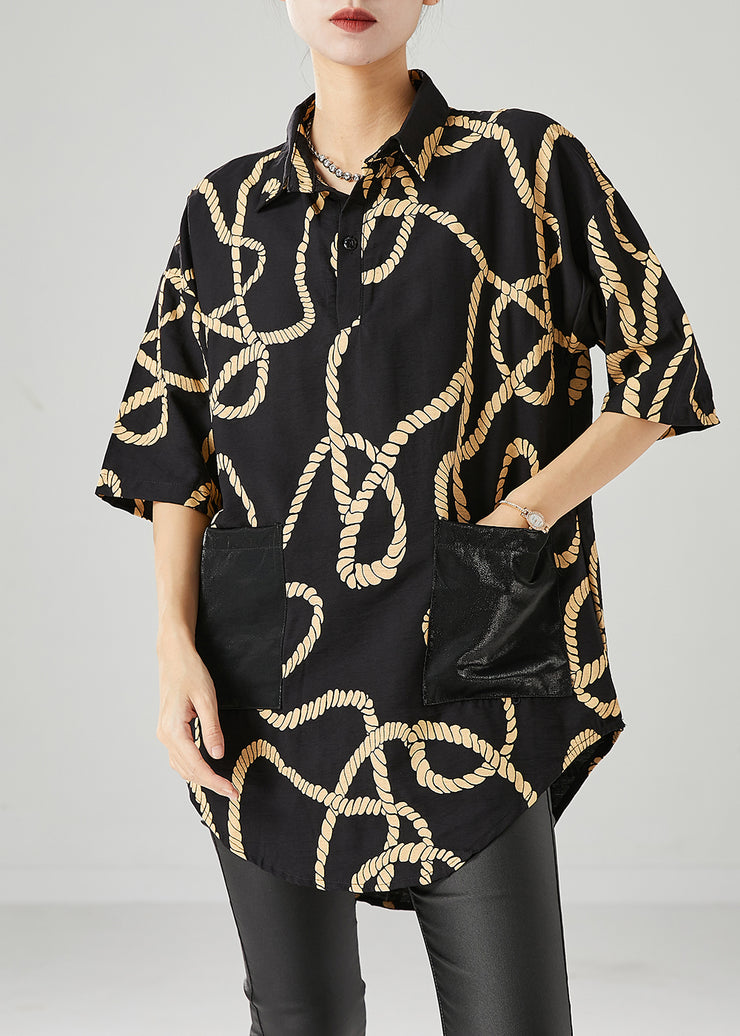 Plus Size Black Print Pockets Cotton Shirts Half Sleeve