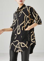 Plus Size Black Print Pockets Cotton Shirts Half Sleeve