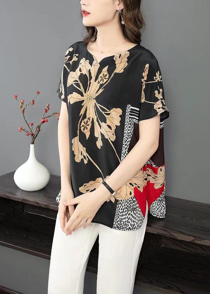 Plus Size Black Print Side Open Patchwork Silk T Shirt Summer