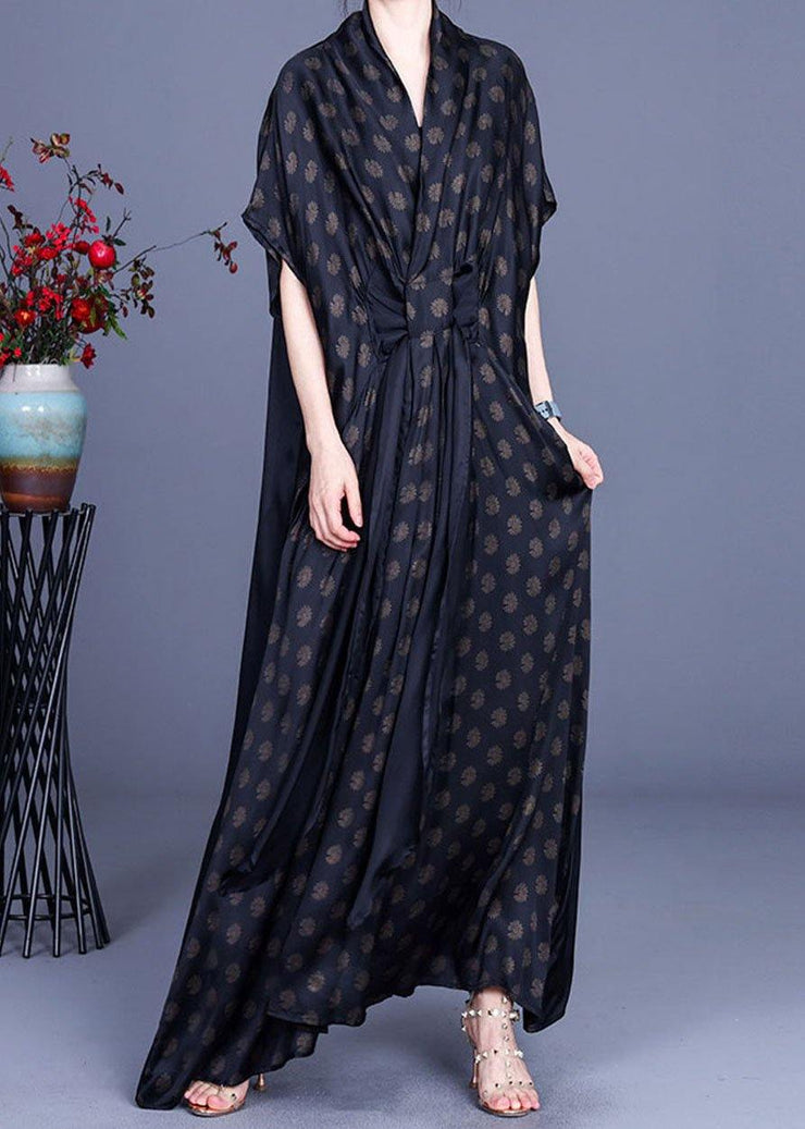 Plus Size Black Print V Neck asymmetrical design Silk Vacation Dresses Summer - bagstylebliss