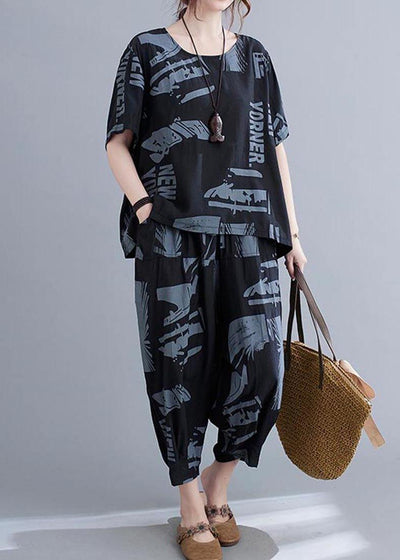 Plus Size Black Print crop pants Two Pieces Set Summer - bagstylebliss