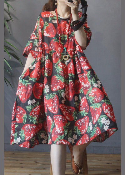 Plus Size Black Print strawberry High Waist Long Dresses Summer Linen - bagstylebliss