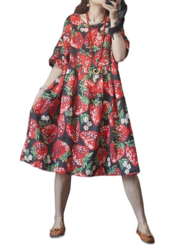 Plus Size Black Print strawberry High Waist Long Dresses Summer Linen - bagstylebliss