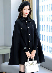 Plus Size Black Rivet Button Thick Woolen Cape Coat Sleeveless