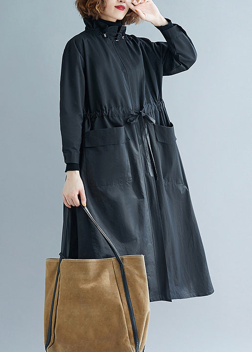 Plus Size Black Ruffled Pockets Patchwork Cotton Trench Coats Fall