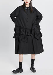 Plus Size Black Solid Peter Pan Collar Ruffles Patchwork Shirt Dress Long Sleeve