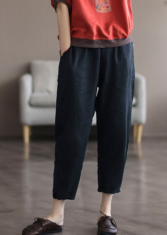 Plus Size Black Solid Pockets Linen Crop Pants Summer