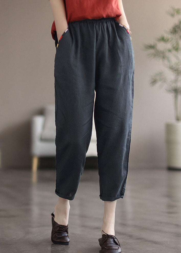 Plus Size Black Solid Pockets Linen Crop Pants Summer