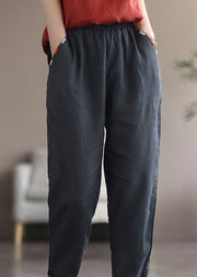 Plus Size Black Solid Pockets Linen Crop Pants Summer