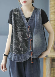 Plus Size Black Tasseled Patchwork denim Sleeveless Vest