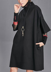 Plus Size Black Turtleneck Pockets  Fall Half Sleeve Maxi Dress