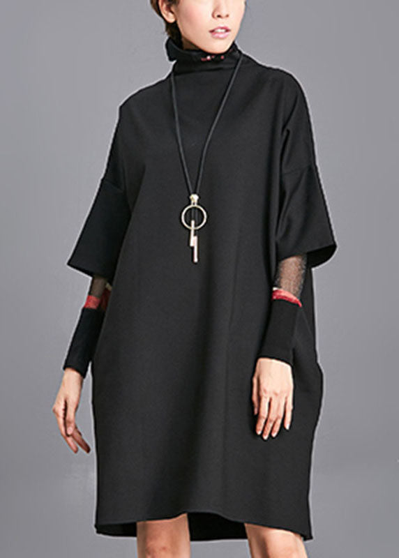 Plus Size Black Turtleneck Pockets  Fall Half Sleeve Maxi Dress