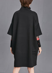 Plus Size Black Turtleneck Pockets  Fall Half Sleeve Maxi Dress