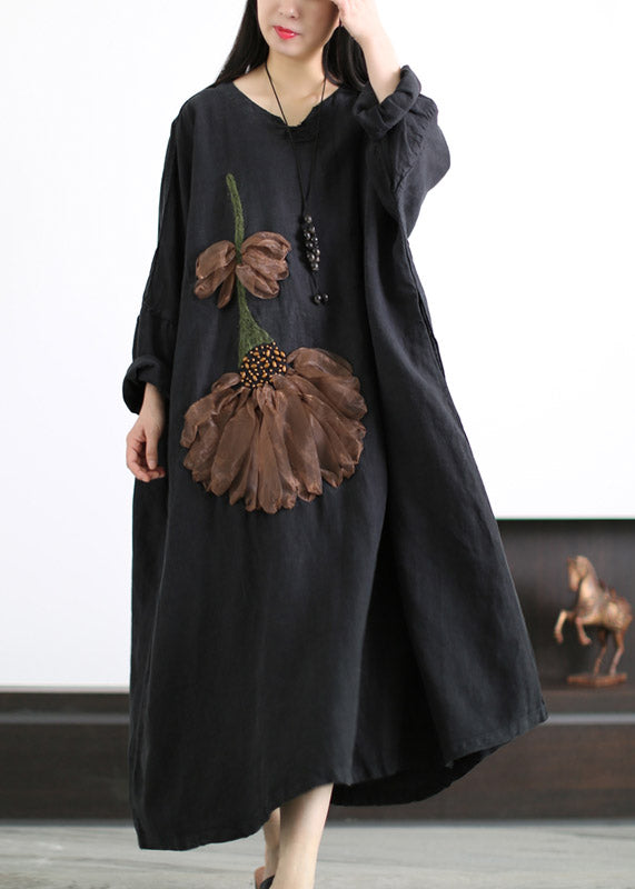 Plus Size Black V Neck Embroideried Floral Linen Dress Long Sleeve