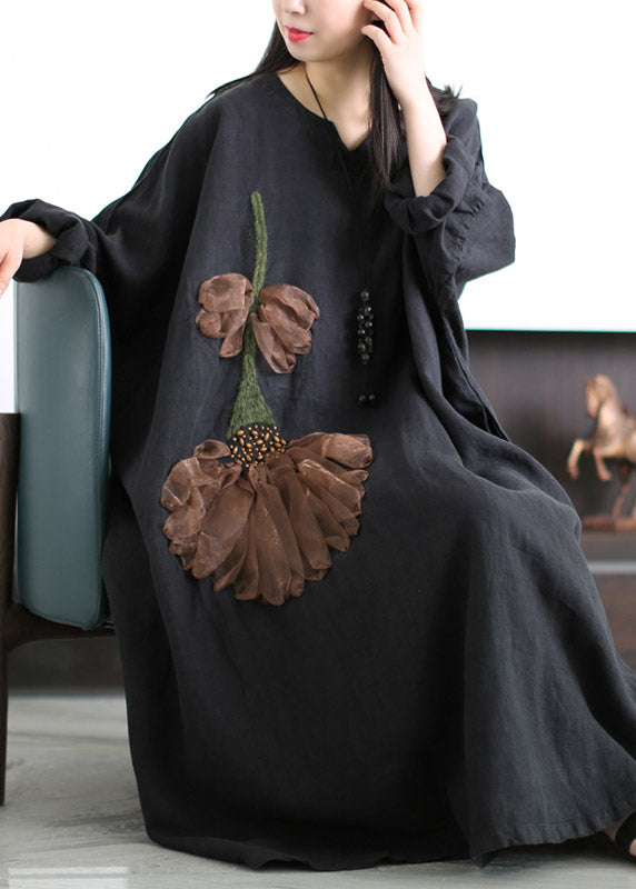 Plus Size Black V Neck Embroideried Floral Linen Dress Long Sleeve