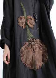 Plus Size Black V Neck Embroideried Floral Linen Dress Long Sleeve