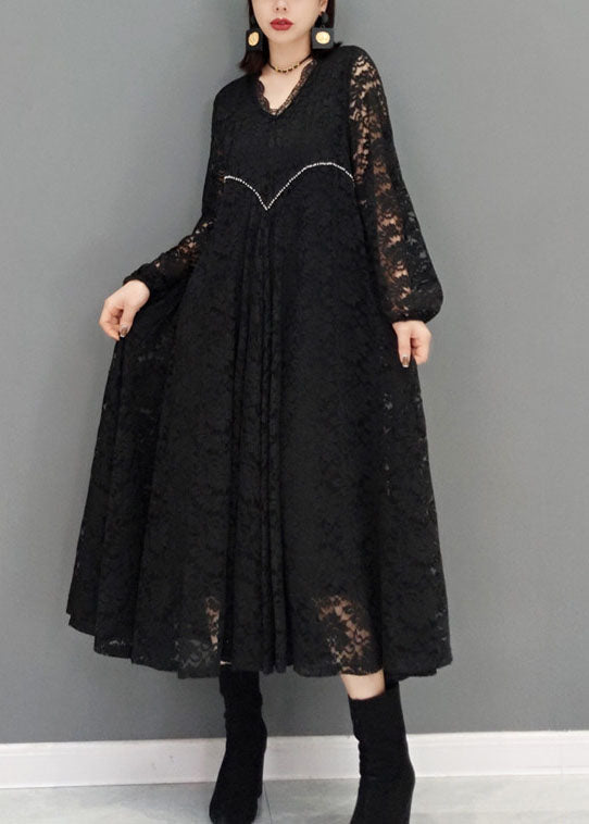 Plus Size Black V Neck Hollow Out Lace Dresses Spring