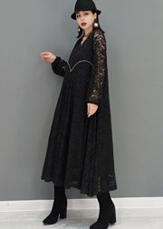 Plus Size Black V Neck Hollow Out Lace Dresses Spring