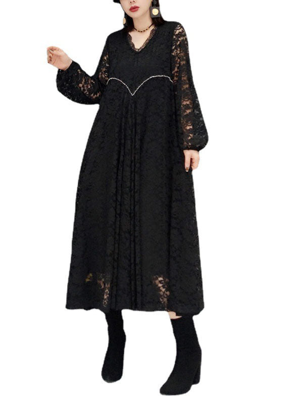 Plus Size Black V Neck Hollow Out Lace Dresses Spring