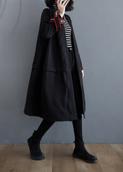 Plus Size Black V Neck Pockets Cotton Trench Coat Fall