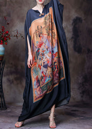 Plus Size Black V Neck Print Party Long Dress For Women Batwing Sleeve