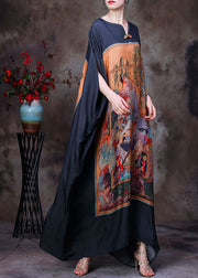 Plus Size Black V Neck Print Party Long Dress For Women Batwing Sleeve