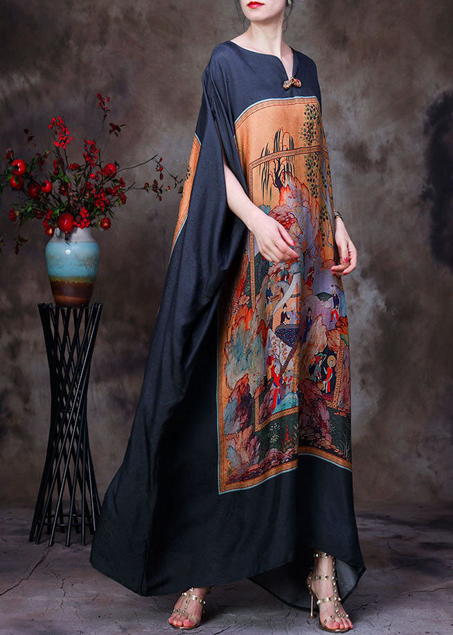 Plus Size Black V Neck Print Party Long Dress For Women Batwing Sleeve