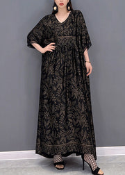 Plus Size Black V Neck Print Silk Long Dress Short Sleeve