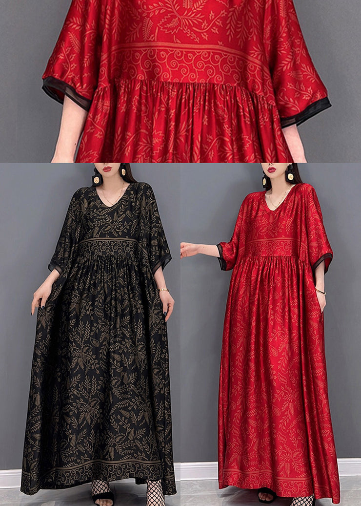 Plus Size Schwarzes langes Seidenkleid mit V-Ausschnitt und kurzen Ärmeln