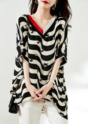 Plus Size Black V Neck Striped Low High Design Chiffon Tops Half Sleeve