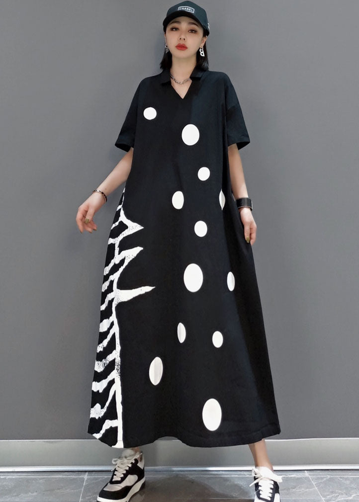 Plus Size Black V Neck dot a line skirts Half Sleeve