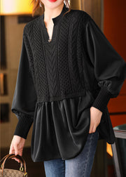 Plus Size Black V Neck fashion Knit Shirt Winter