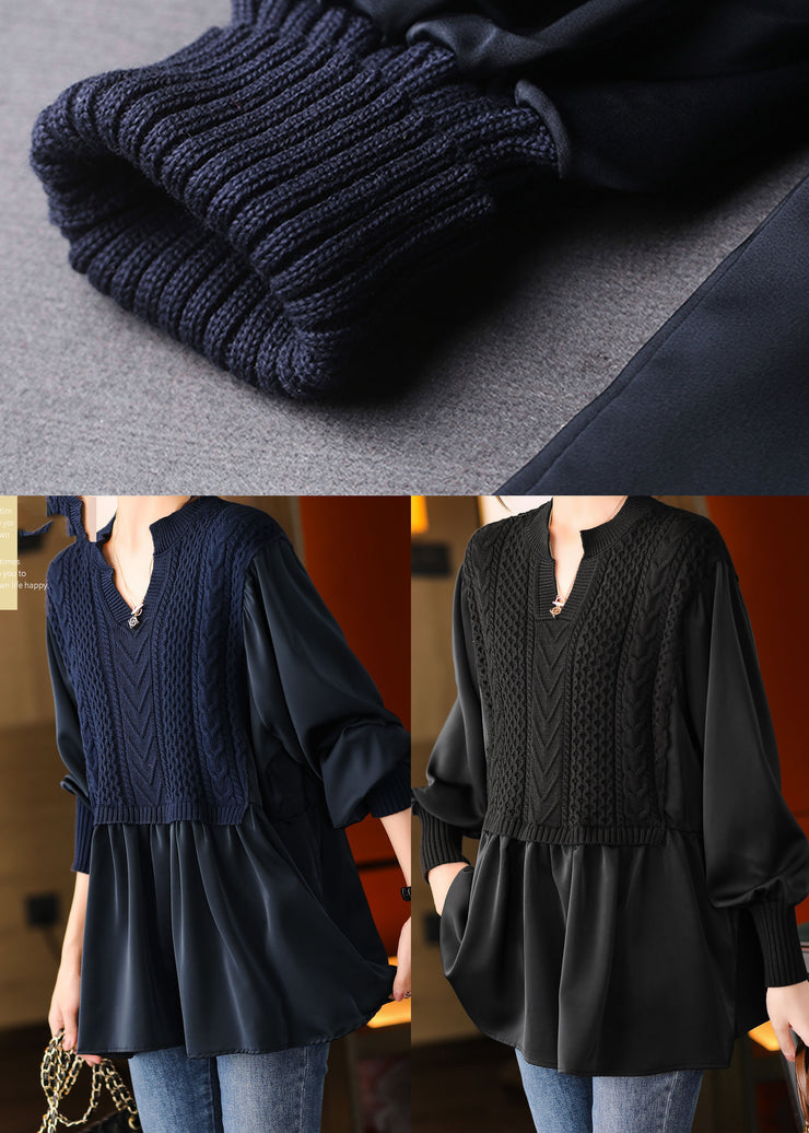 Plus Size Black V Neck fashion Knit Shirt Winter